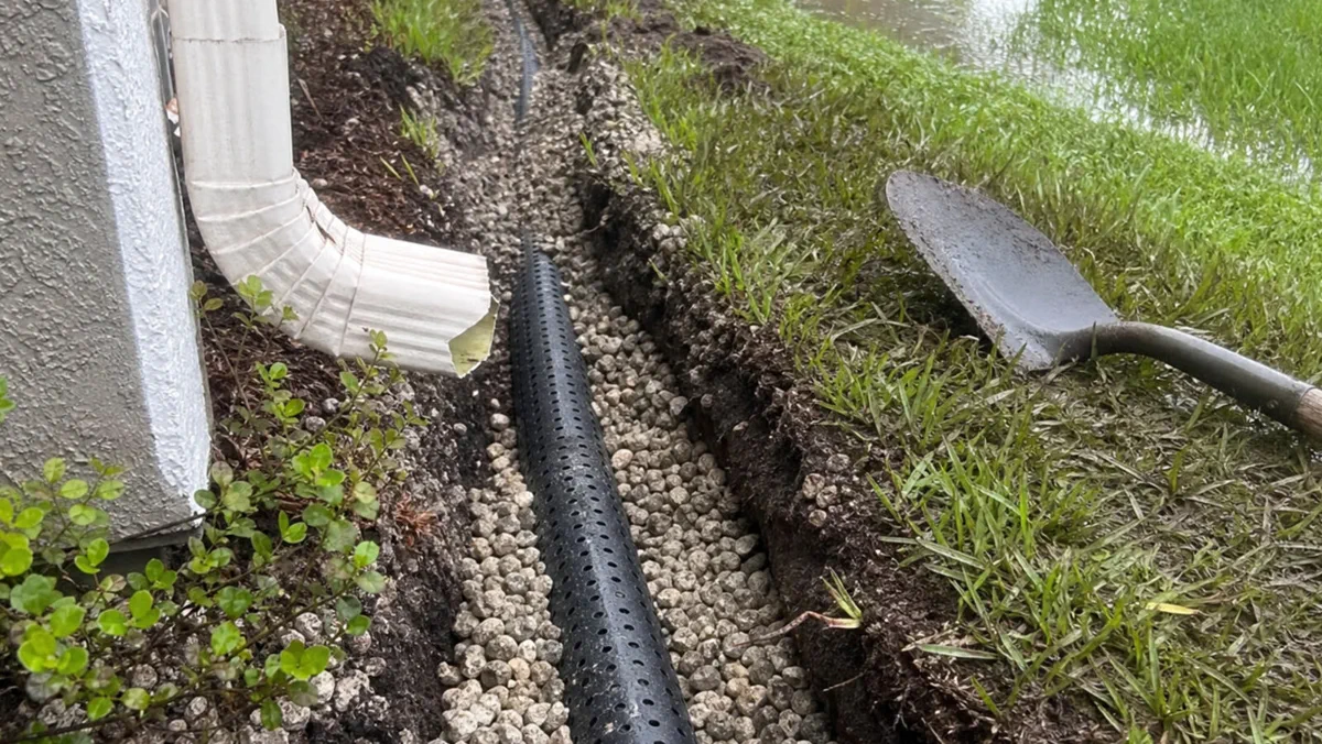 Downspout drainage tie-in with catch basin near a Tampa side yard