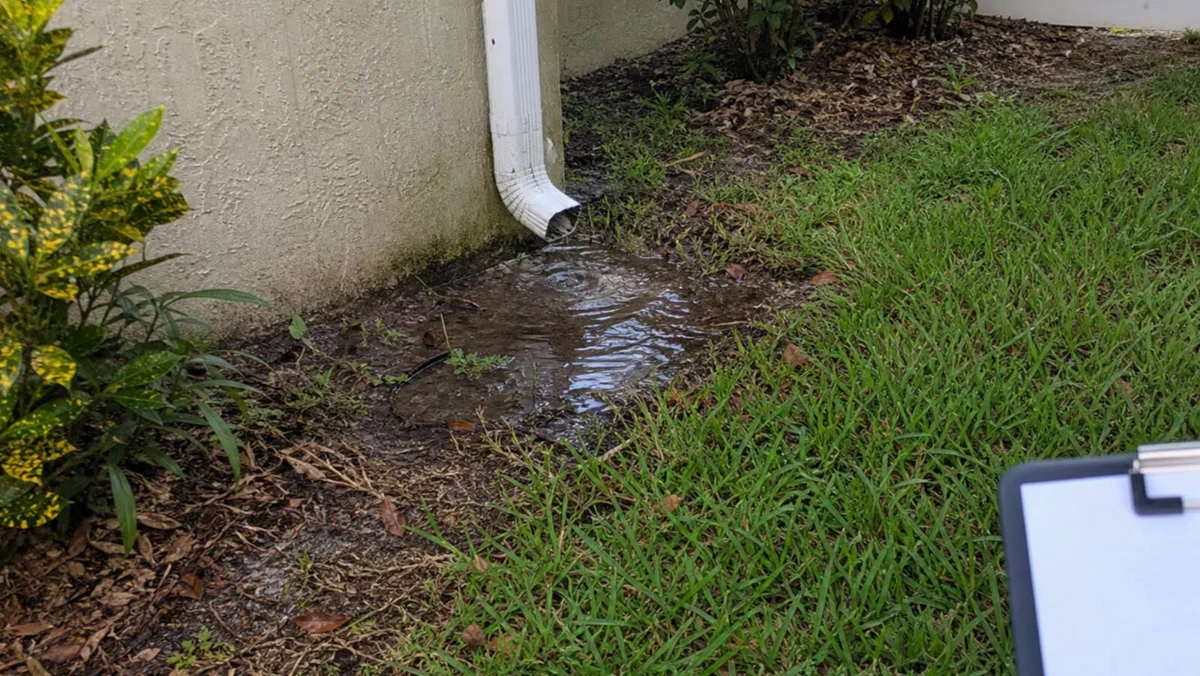 Standing water along a planned French drain path at a Tampa property